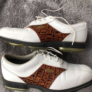 EUC Footjoy Dryjoys Golf Shoes White Brown Men's Size 9.5M Style 53570